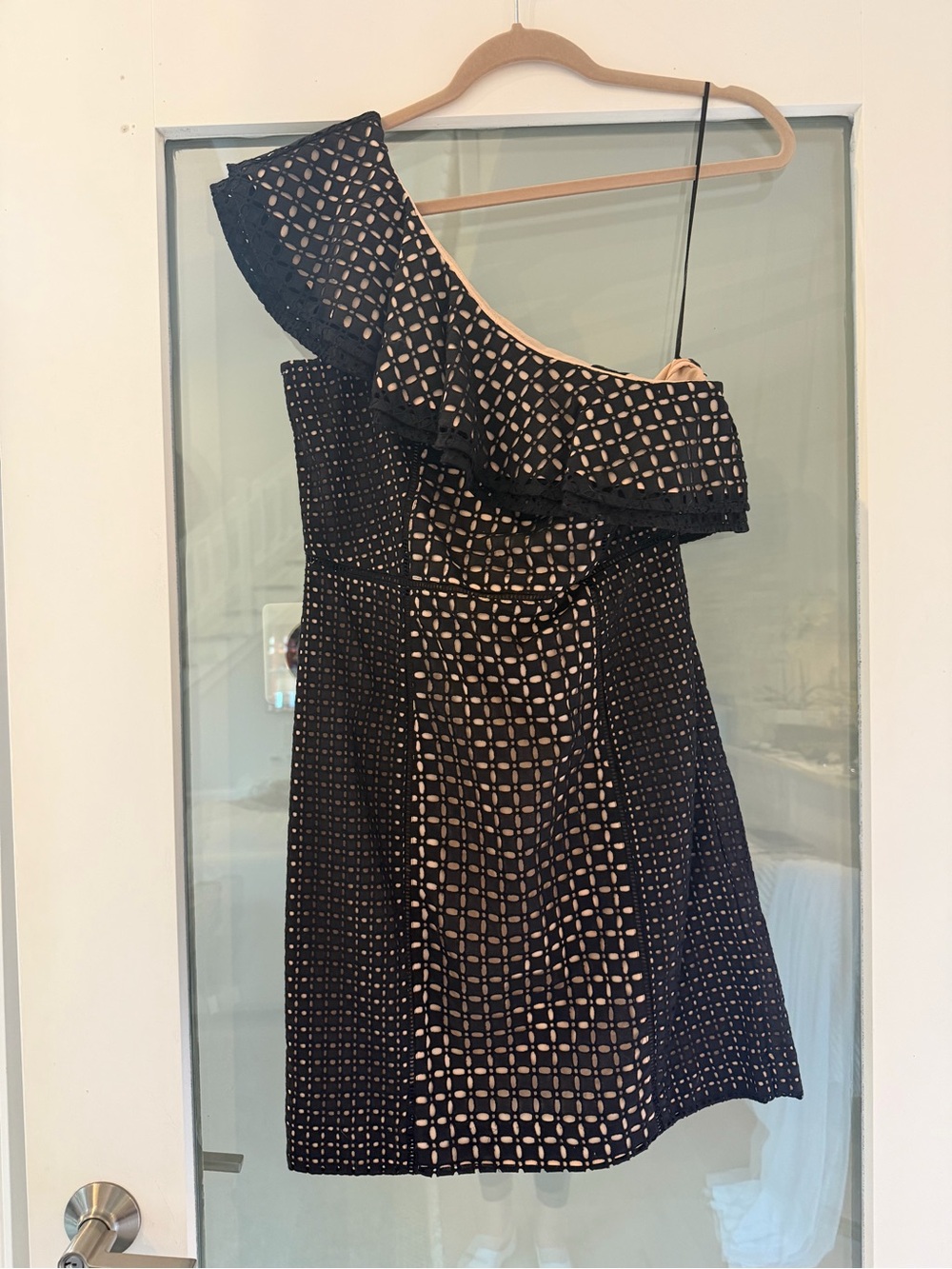 J. Crew Black One-Shoulder Lattice Dress with Nude Underlay